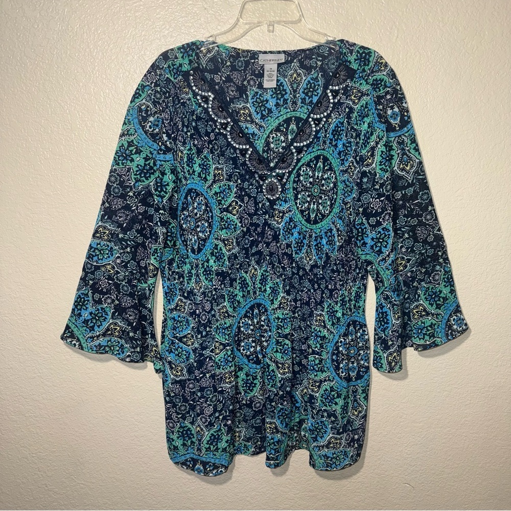 Catherines Paisley Beaded Tunic Top 1X Blue Boho Peasant Bell Sleeve